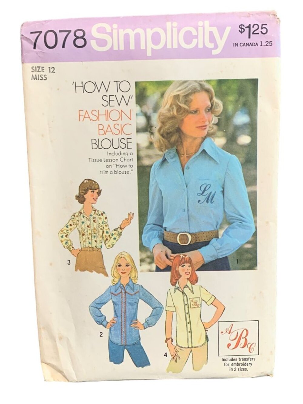 Simplicity 7078 Vintage 1975 Sewing Pattern Misses Shirt Size 12 Uncut